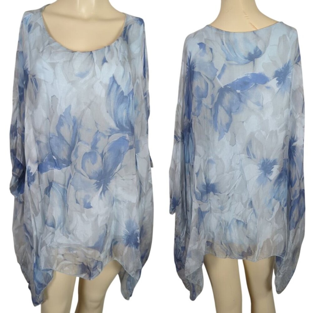 Tempo Paris‎ sheer lined dolman sleeve bohemian blue white asymmetrical Tunic M